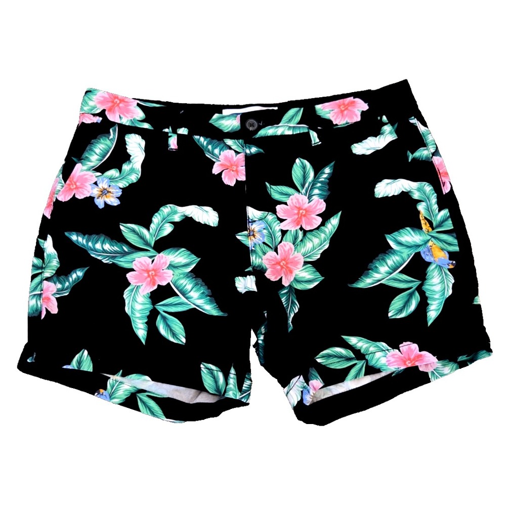 Vtg Hawaiian Shorts Old Navy Black w/Parrots Flowers Tropical Bird Women's Sz 10